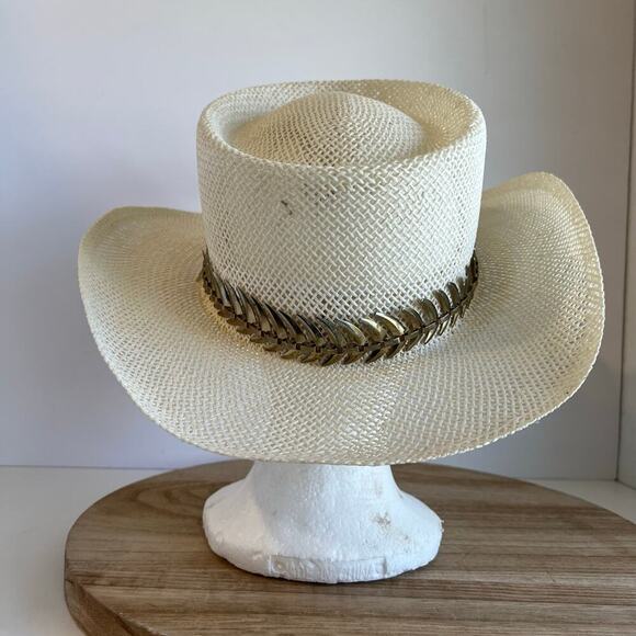 USA Vintage 90s Woven Sun Hat With Metal Golden Spiked Band Hat Size Small - Picture 7 of 14